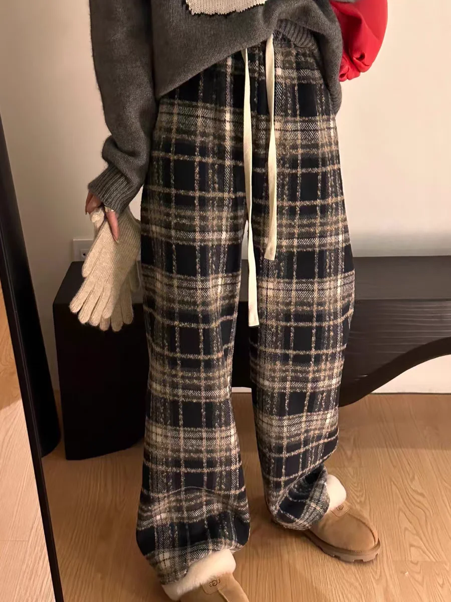 Karierte Damenhose im neuen Stil, Retro-Wolle, weites Bein, lässig, kurz, hängend, gerades Bein, modische Retro-Kleidung
