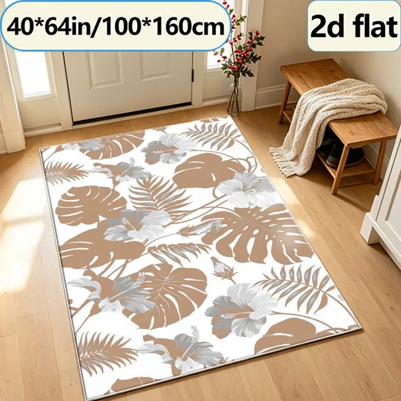 Neutral Tropical Monstera Hibiscus Leaf carpet flooring, Retro Botanical Area Rug for Living Room Bedroom Household Floor Decor view 2