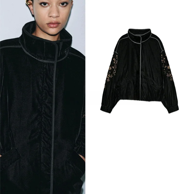 شتاء جديد المرأة طويلة Sve الوقوف طوق المرقعة المطرزة القطن Jaet ملابس خارجية عادية Sle الوقوف صالح سستة Cl... #1