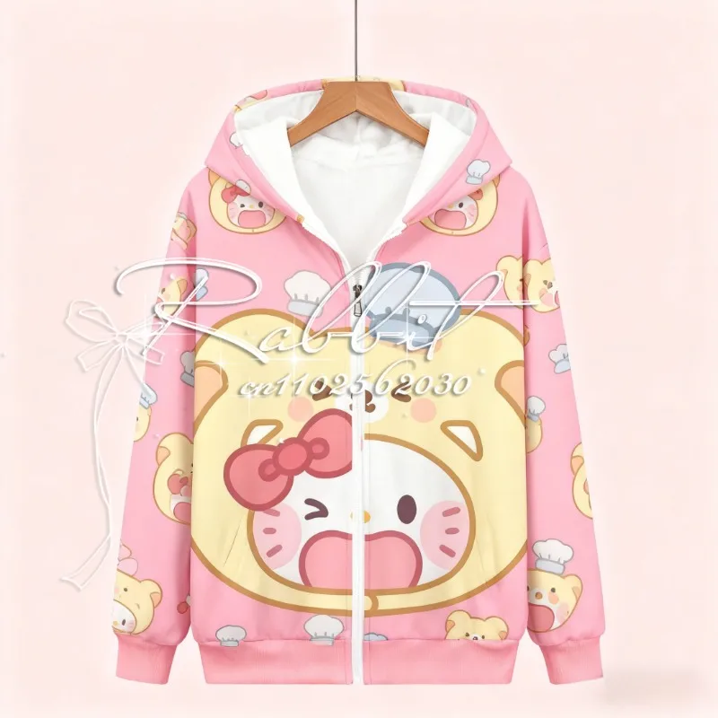 

Autumn and Winter New Sanrio Family Trendy Coat Children's Fun Big Head Hello Kitty Cute Printed Zipper Hoodie Coat, Warm Hoodie