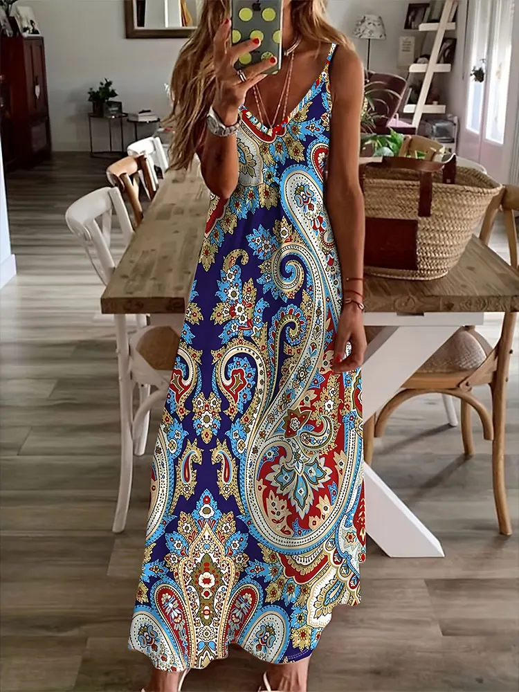 Vintage National Print Ladies Elegant Dress Summer Ladies Everyday Casual Sleeveless Dress Street Fashion Ladies Long Dress