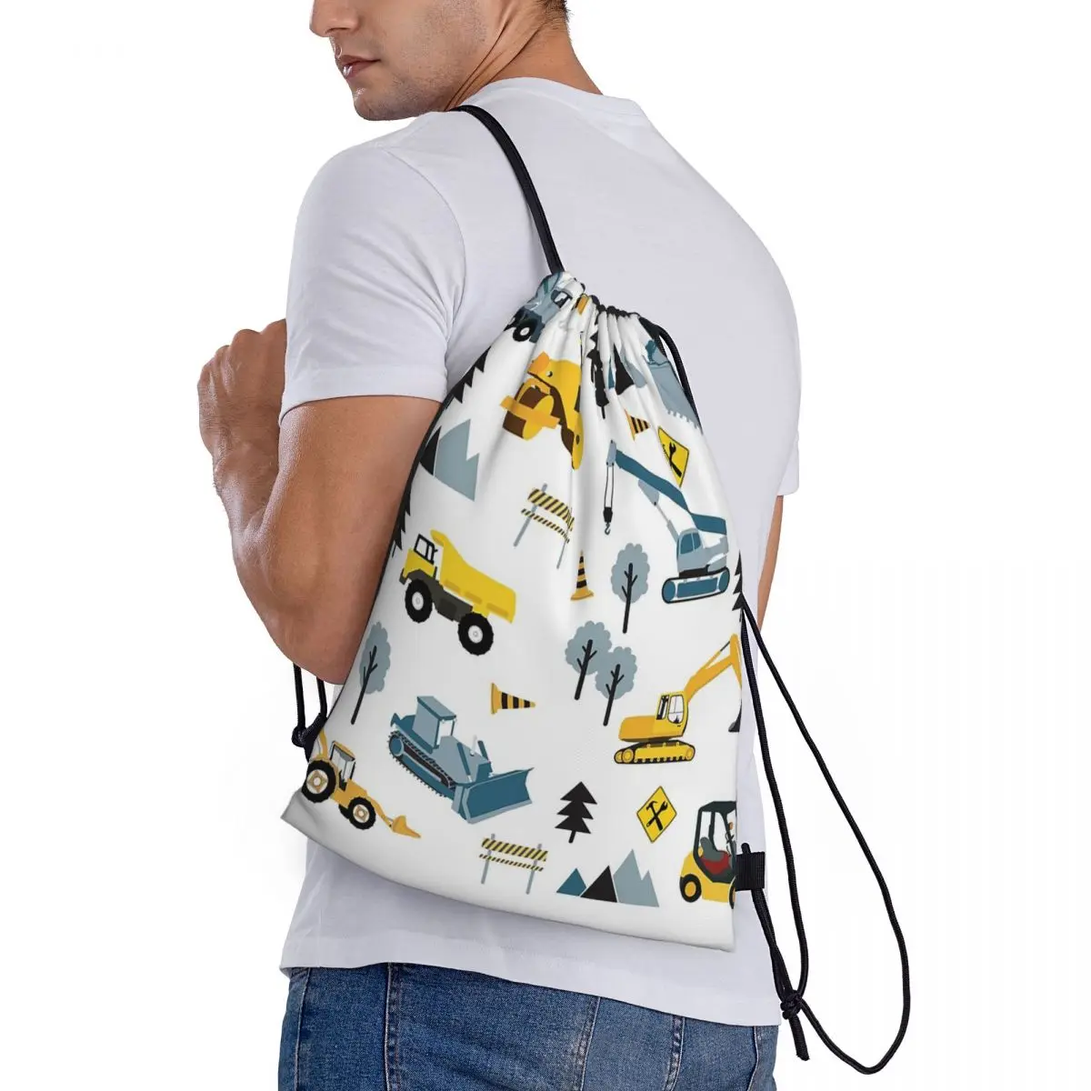 

Blue Construction Trucks & Site Theme Pattern Backpacks Multi-function Drawstring Bags Sports Bag Book Bags for Man Woman School