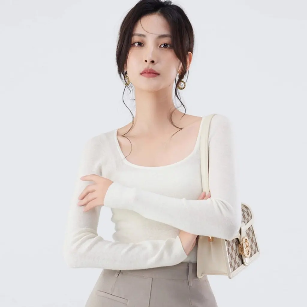 

Женский бесшовный цельный базовый свитер, которую можно стирать в машине, с U-образным вырезом, с открытой ключицей, ультратонкий трикотаж из 100% шерсти, 18 калибра