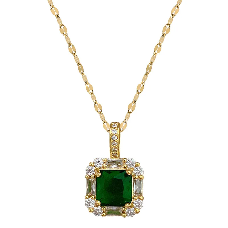 18K Gold Plated Stainless steel Women's Jewelry Set - Green Block Zircon Earrings Necklace Combo Elegant Accessory Gift for Her