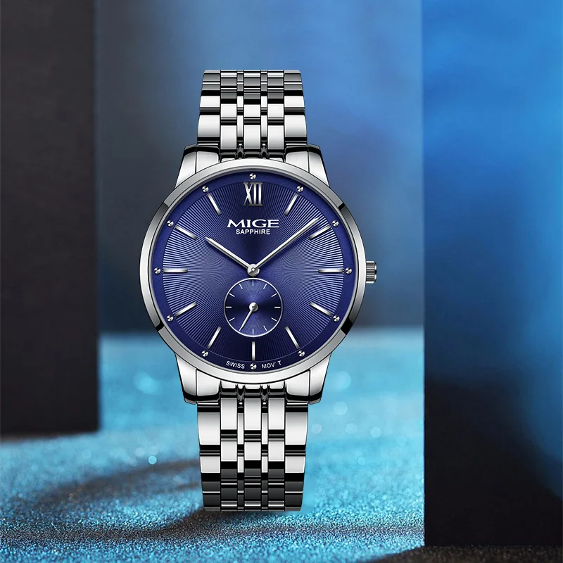 MIGE Couple Wrist Watches Blue Dial Steel Bracelet Sapphire Glass Quartz Watch Set for Men and Women