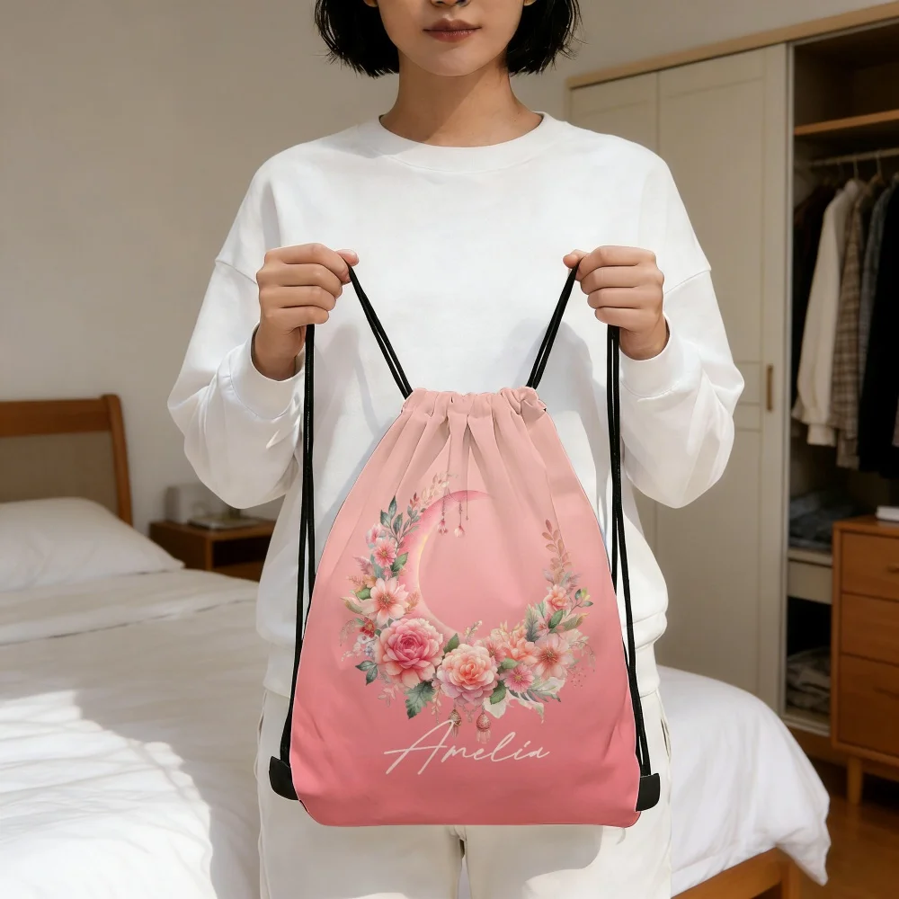 Custom Name Moon Floral Drawstring Backpack Personalized Flower Crescent Sackpack Lightweight Travel Gym Drawstring Bag Gift