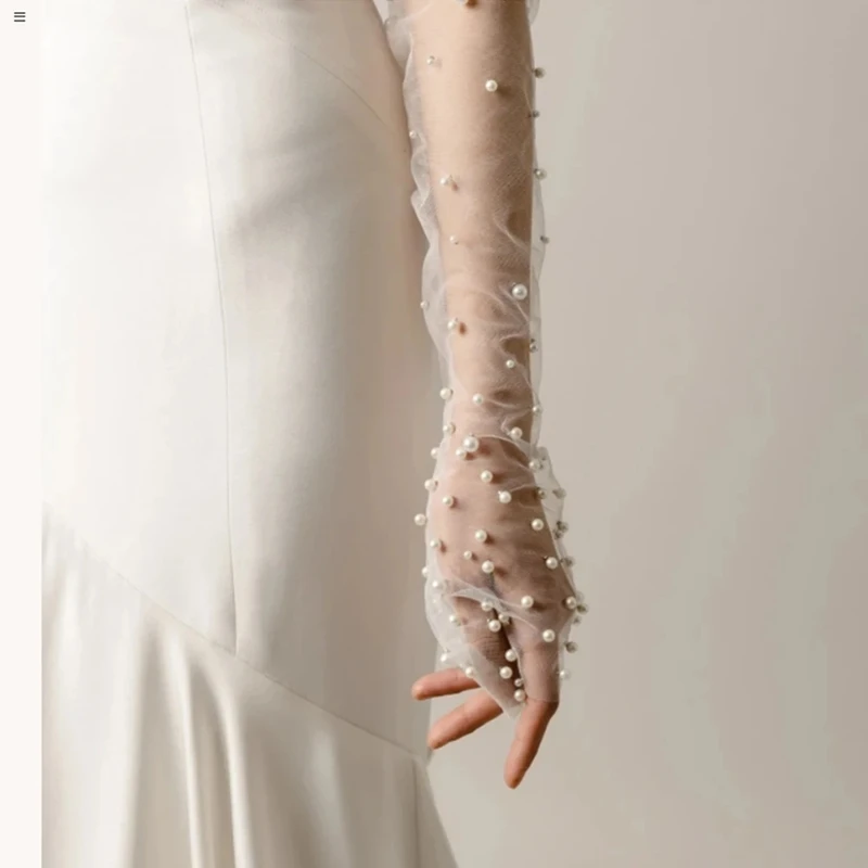 Elegant Fairy Bridal Fingerless Pearl Tulle Gloves Wedding Removable Sheer Mesh Arm Sleeves Party Styling Accessories