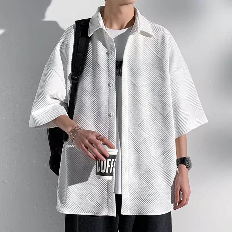 

Мужские однотонные жаккардовые рубашки с лацканами, повседневные свободные однобортные рубашки на пуговицах, летние мужские топы с короткими рукавами, уличная одежда