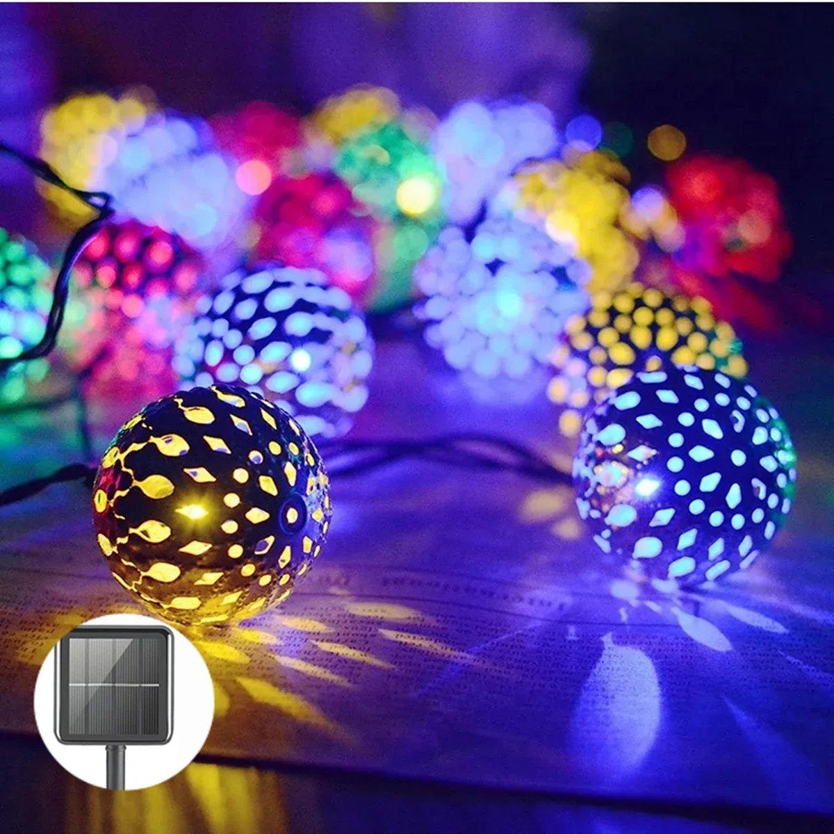 

Solar Powered Moroccan Ball String Lights Waterproof LED Wrought Iron Metal Hollow Out Ball Colorful Fairy Light Solar Lamp