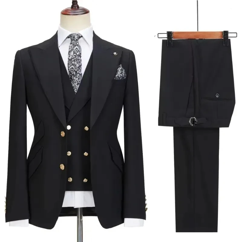 

Men Suit 3 Pieces Black With Lapel Solid Color For Wedding Groom Birthday Banquet Work Tuxedos Set Jacket Vest With Pants