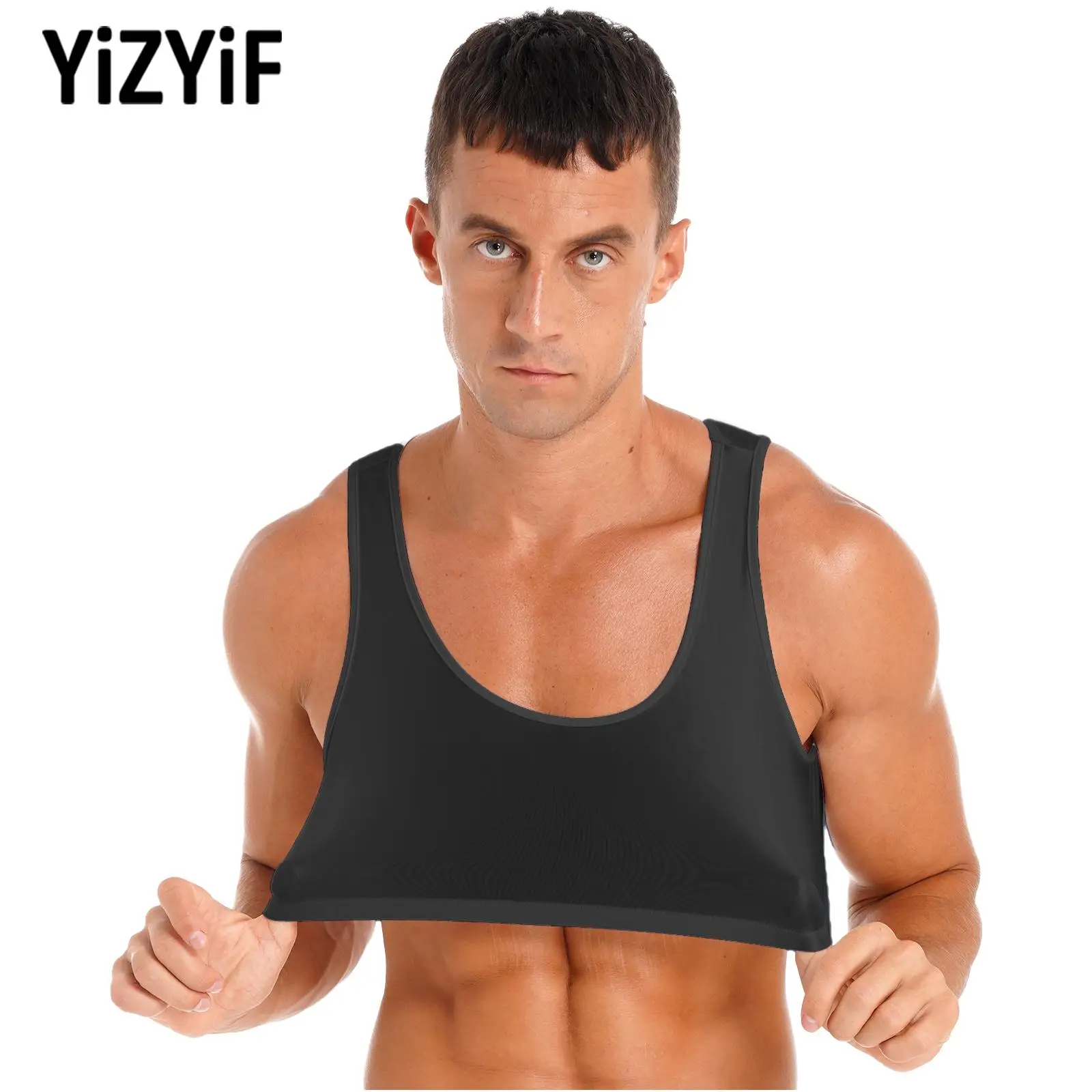 Sexy Glossy Cropped Tank Top Solid Color Round Neck Sleeveless Vest Tops Club Nightwear Beachwear Swimwear Sportwear for Mens