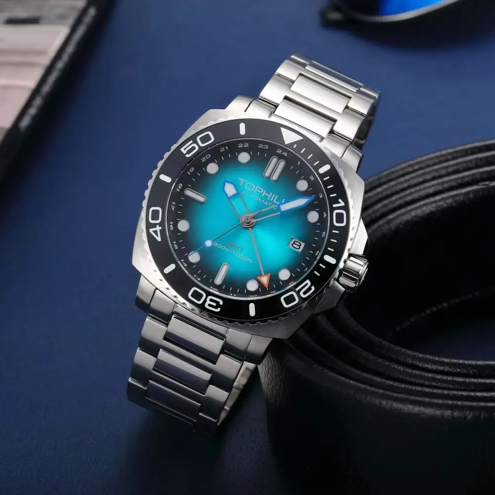 TOPHILL Automatic Watch NH34 GMT Mens Luxury Dive Watches Mechanical Sapphire 43mm Helium Escape Valve On The Fly Clasp C3 BGW9 Luminous Reloj 3H Date Window 300M Waterproof TD012G
