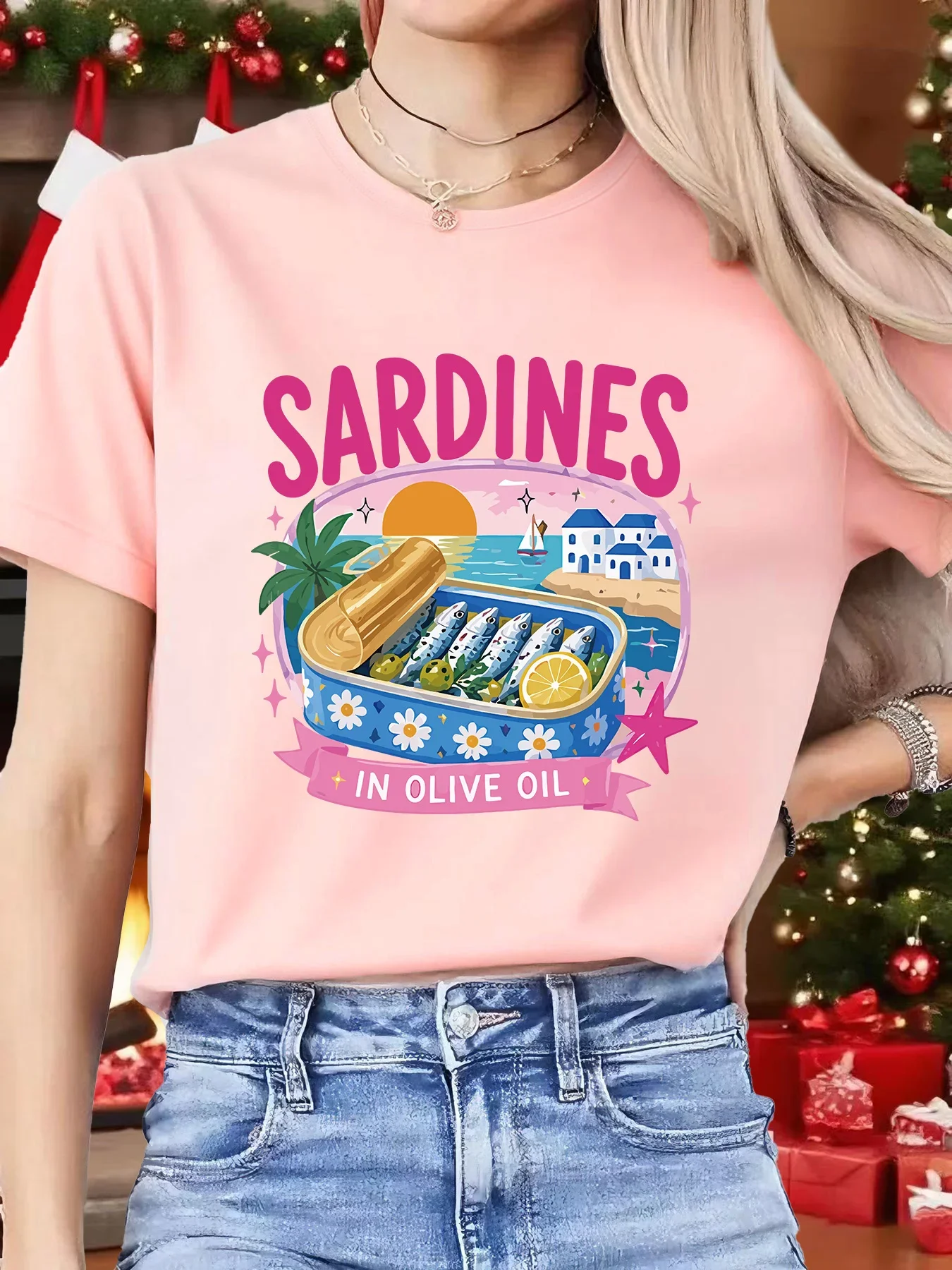 Bright Sardine Tin Can Coastal Scenery Womens Crew Neck Short Sleeve T Shirt Mediterranean Casual Graphic Tees For Ladies