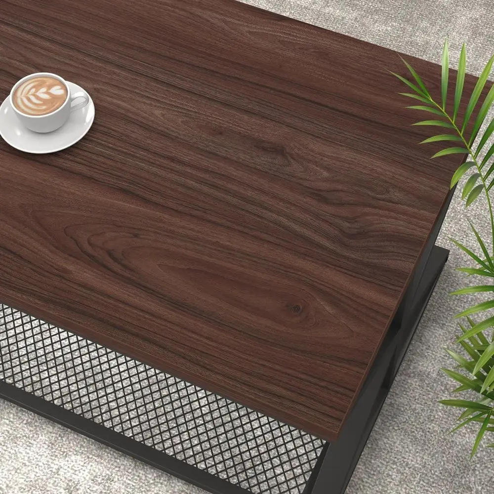 Industrial-Style Walnut 2-Tier Coffee Table with Mesh Shelf, 47 Rectangle, Storage Space for Living Room