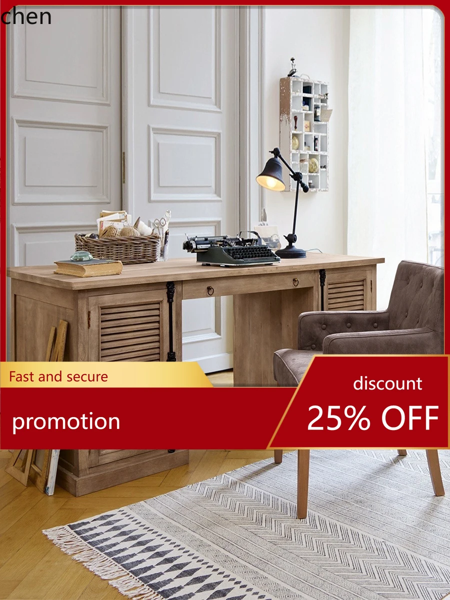 

HT Country Style Solid Wood Desk and Bookshelf Integrated Computer Desk Study Office Desk Study Room