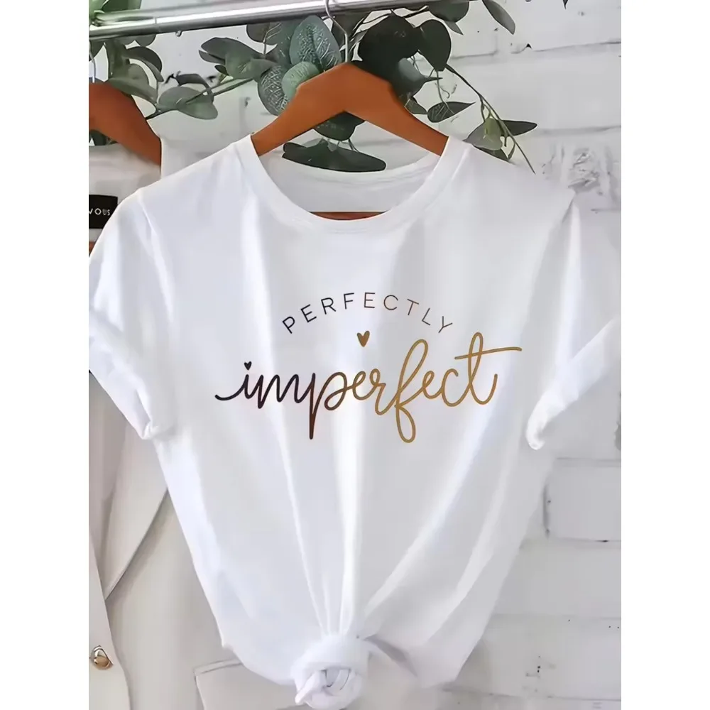 Men Women's Print T-shirt Perfectly Imperfect Letter Print Gold Foil Heart Casual Short Sleeve Tee Short Sleeve Summer Clothing
