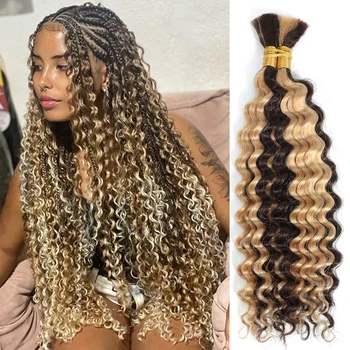 P4/27 Highlight Deep WAVE BULK Human Hair Braiding สีบลอนด์ CURLY บราซิลต่อผมมนุษย์สําหรับ Micro Braiding ไม่มี Weft