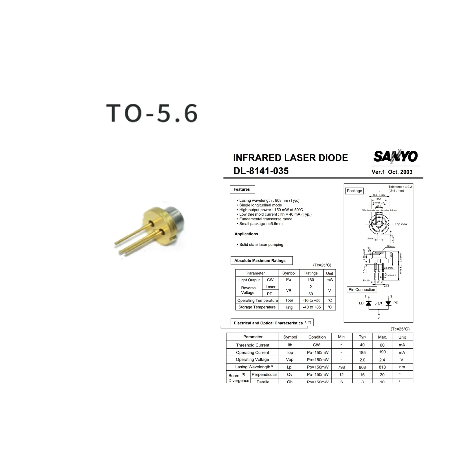 1PCS SANYO New Single Mode 808nm 150mw DL-8141-035 Laser Diode with PD
