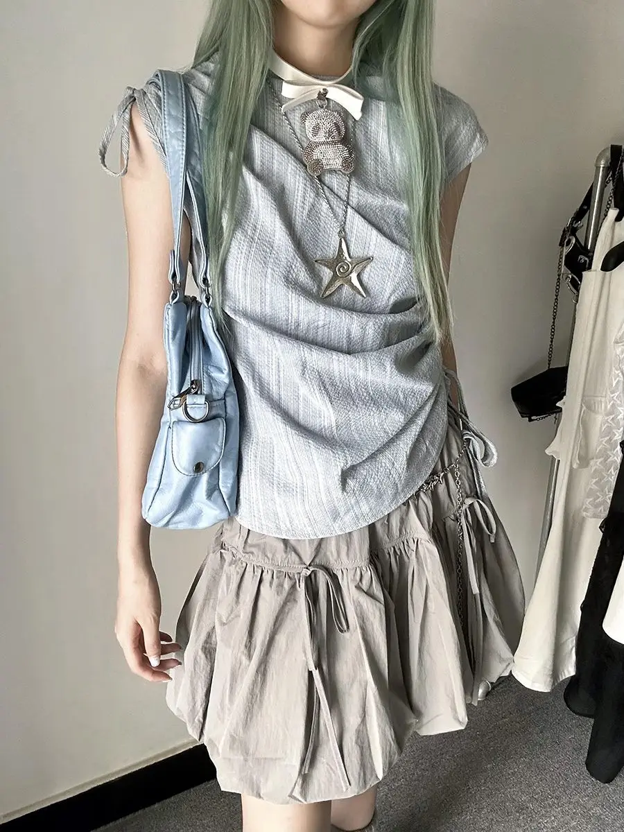 

2025 Spring Summer New Vintage Sleeveless T Shirt for Women Slim Fit Striped Pleated Drawstring Tie Up Tank Top Spice Girl Vest