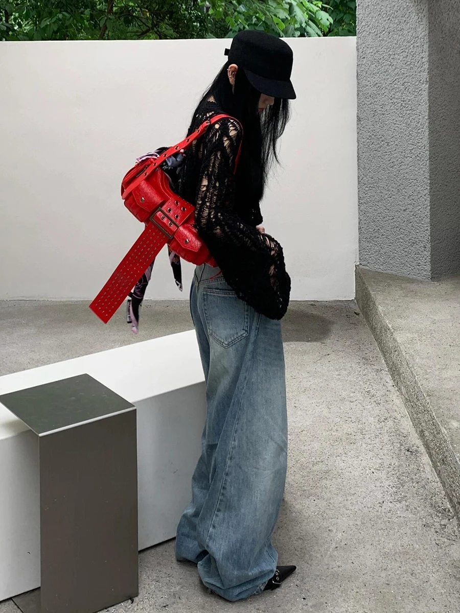 กางเกงยีนส์ทรงบอยเฟรนด์เอวต่ำแบบสองชิ้นปลอม มีกระเป๋า ลุคสบายๆ สไตล์เกาหลี REDDACHiC