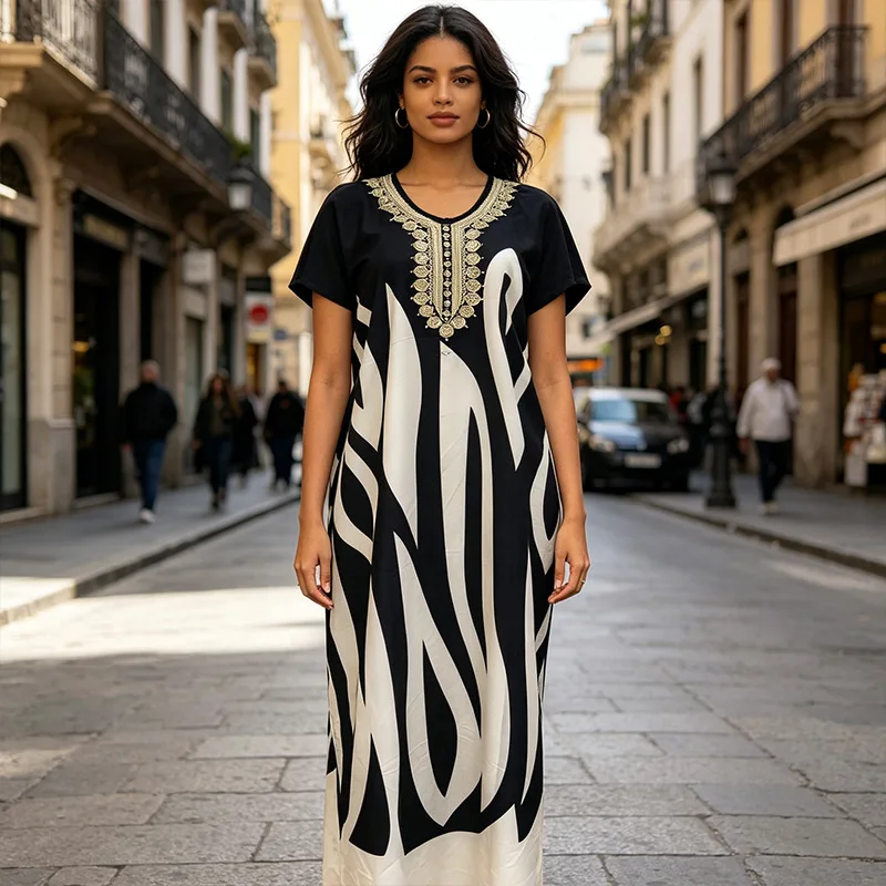 

Plus Size Dashiki African Dresses for Women Summer African Short Sleeve O-neck Polyester Long Maxi Dress Kaftan Muslim Abaya