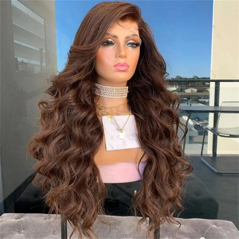 Miękka 24-calowa ciemnobrązowa podstawa 5x5 z jedwabiu Body Wave Żydowska peruka z ludzkich włosów Baby Hair HD Lace Europejskie włosy wstępnie oskubane bezklejowe