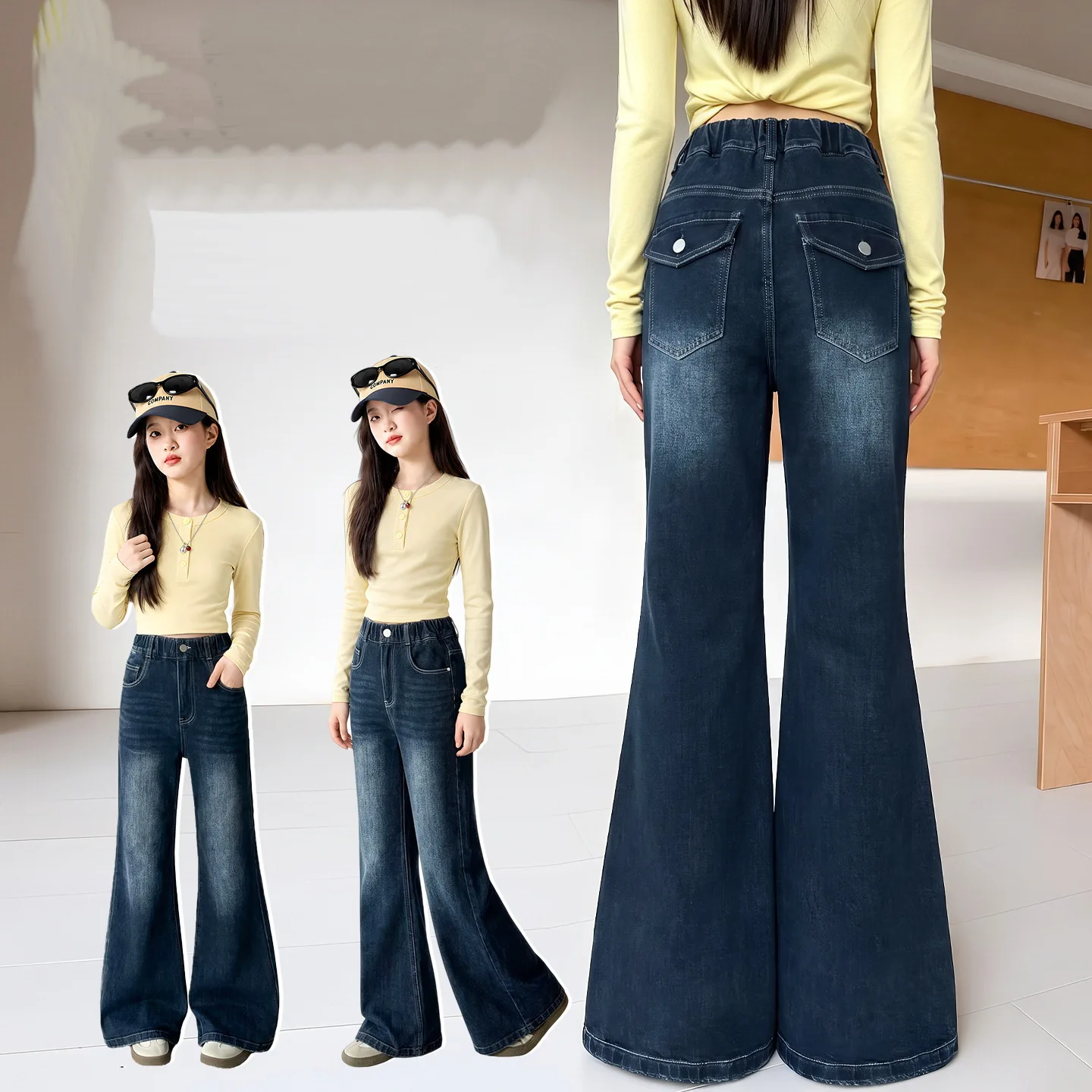Autumn Girl's Flared Jeans Children's Fashion Boot Cut Denim Pants Korean Style Kids Bell Bottoms Trousers with Bag Cover Design