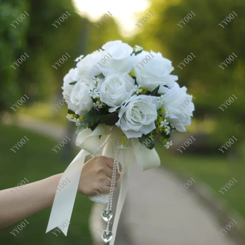 Classic White Wedding Bridal Bouquet Handmade Rose Bouquet with Crystal Chain Decor