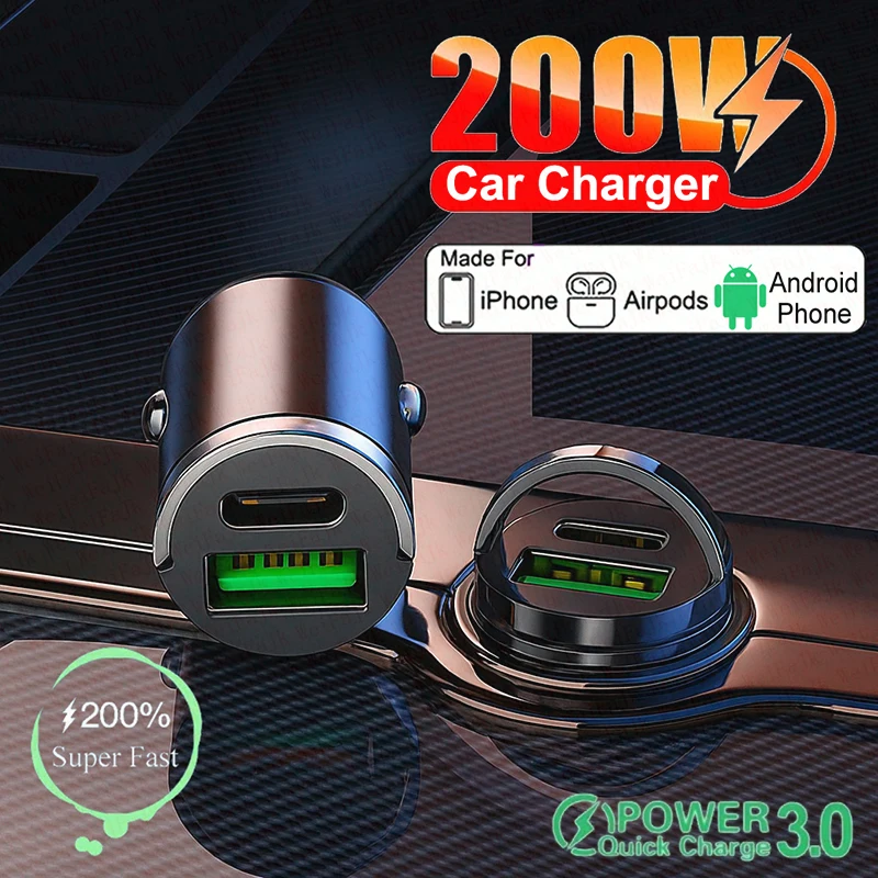 

Original 200W USB Type C Dual Ports Mini Car Charger Lighter Quick Charge For iPhone Xiaomi Huawei Samsung Phone Fast Charging
