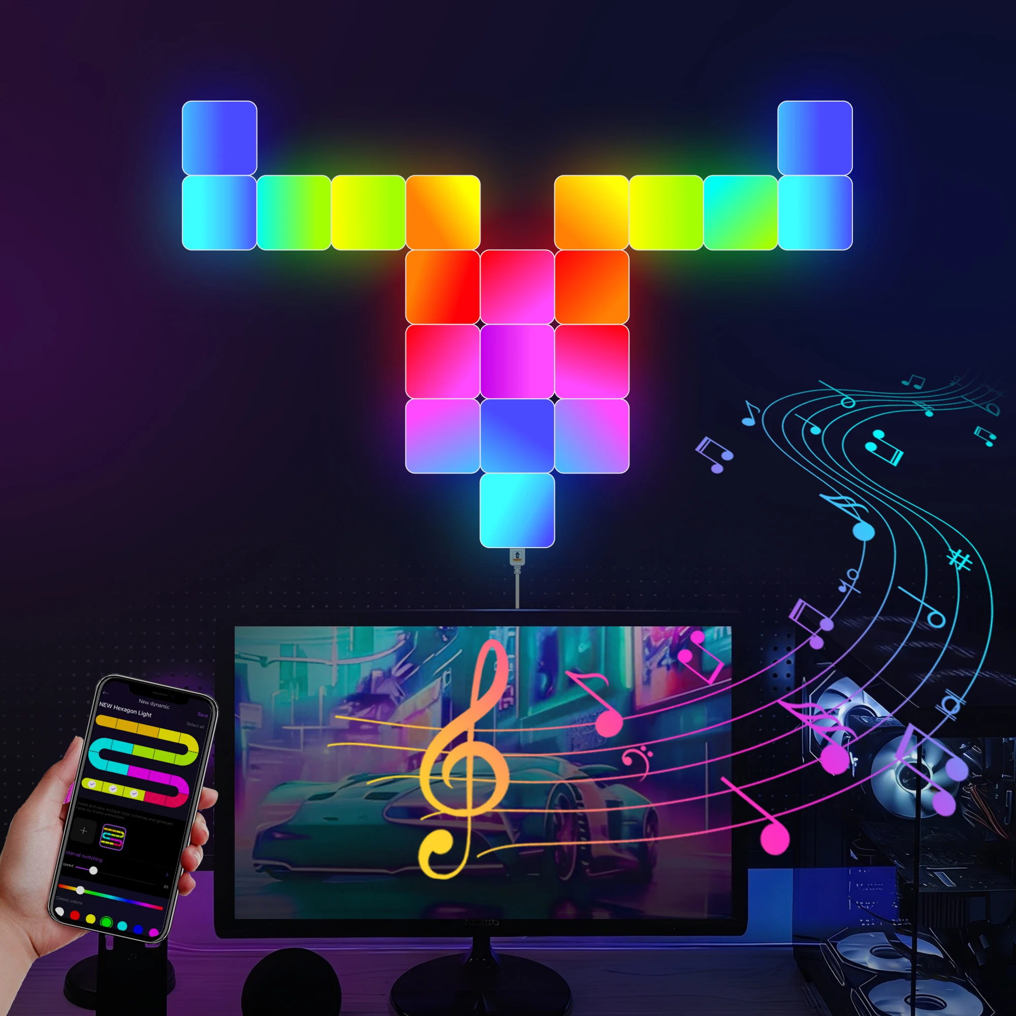 Smart Splicing Quadrilateral LED Wall Lights, RGB DIY Panel Night Lights with Music Sync, Color Changing Ambient Wall Lighting for Game Room, Bedroom & Living Room, Perfect Decor for Christmas, Birthdays, Festivals and Holiday Gifts