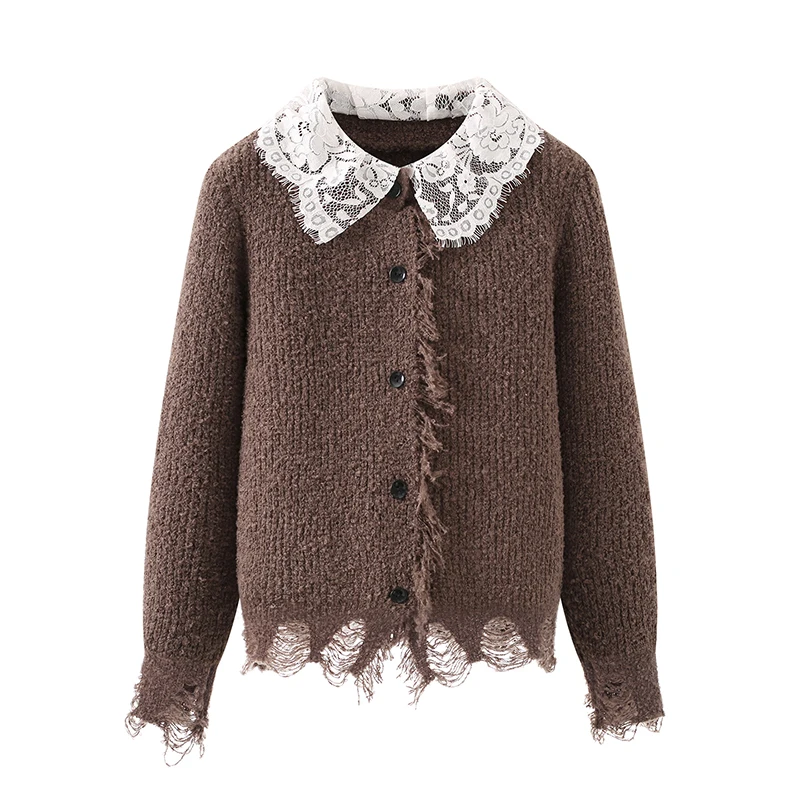 

Hole Streetwear Y2K Cardigan Sweaters Women Vintage Harajuku Long Sleeve Knitted Coat Lace Patchwork Design Retro American Tops