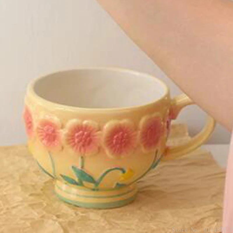 Creative Nordic Three-Dimensional Relief Underglaze Hand-painted Flowers Cup Household Afternoon Breakfast Supplies Coffee Mug