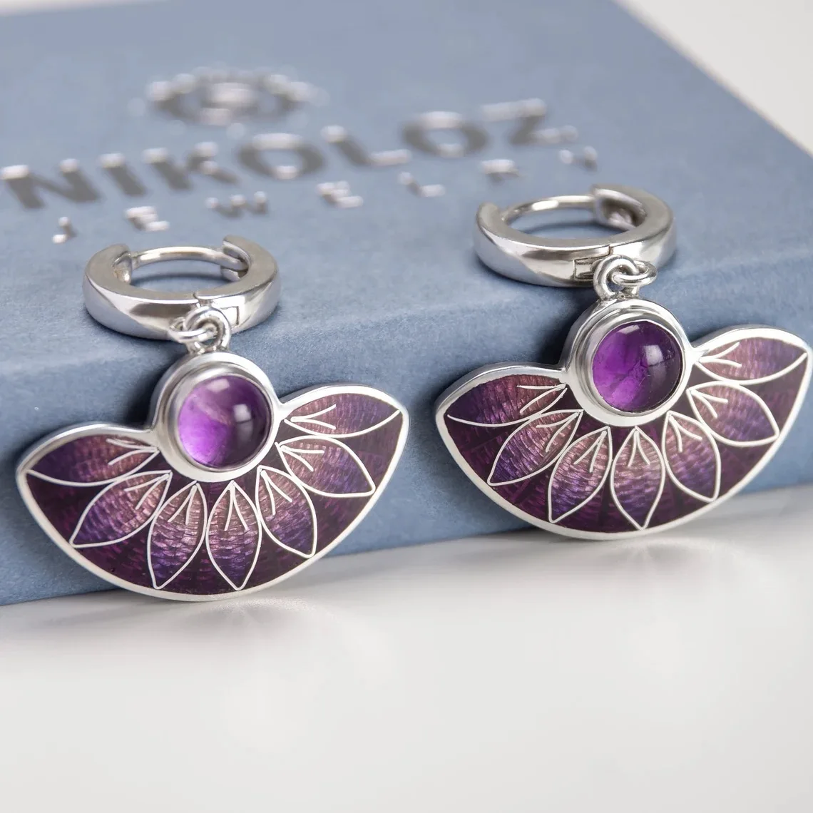 New Elegant Bohemian Ethnic Peacock Tail Scallop Hook Dangle Earrings For Women Wedding Amethyst Stone Earings Jewelry Wholesale