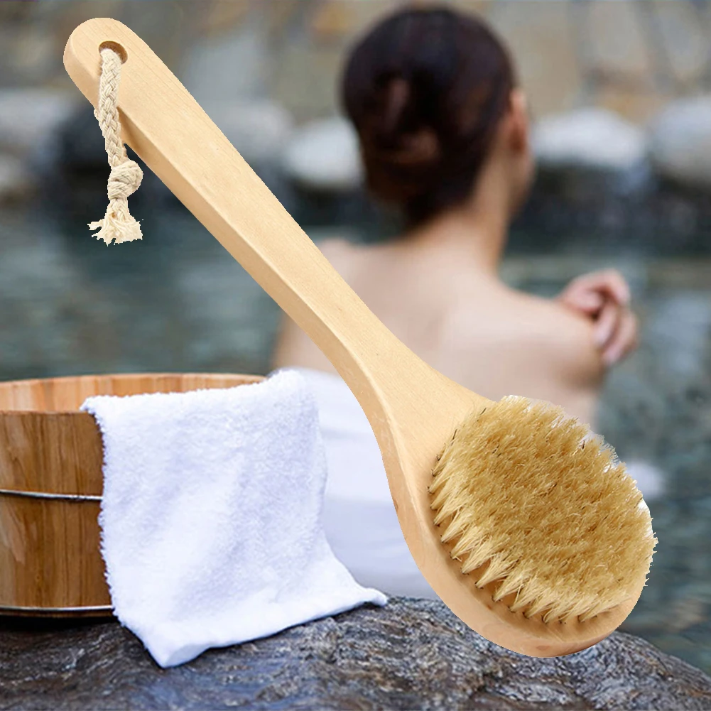 Long Handle Wooden Scrub Skin Massage Shower Body Bath Brush Round Head Bath Brushes Bathroom Accessories