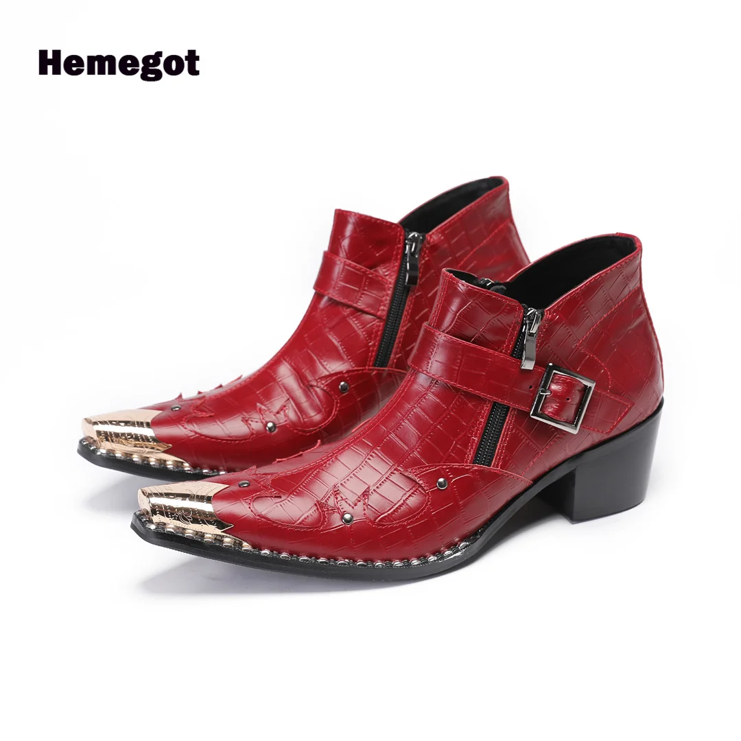 

Red Leather Men Boots Side Zippers Metallic Beads Black Leather High-Top Outdoor Booties Male Shoes Handmade Men Shoes