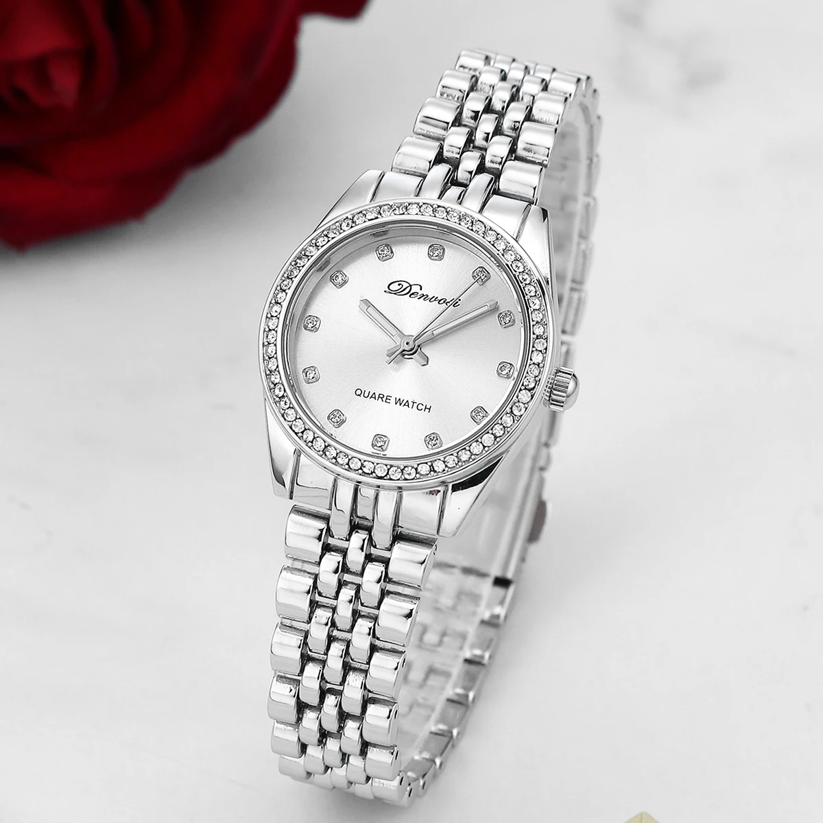 Ladies Elegant Quartz Watch with diamond setting Stainless steel Waterproof Fasion women’s wristwatch present for Christmas