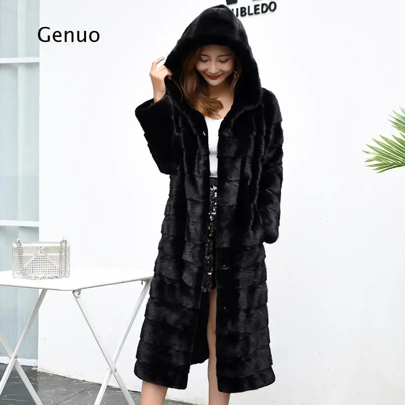 Women's Faux Mink Fur Coat Long Hooded Winter Warm Outerwear Slim Fit Elegant Jacket for Daily Party Streetwear