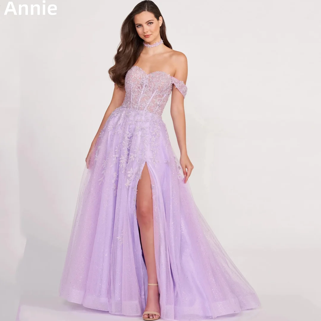 Annie Hand Applique Prom Dresses Strapless Slit Party Dress Purple Organza  2023A-shaped Serenehill Vestidos De Noche 2023