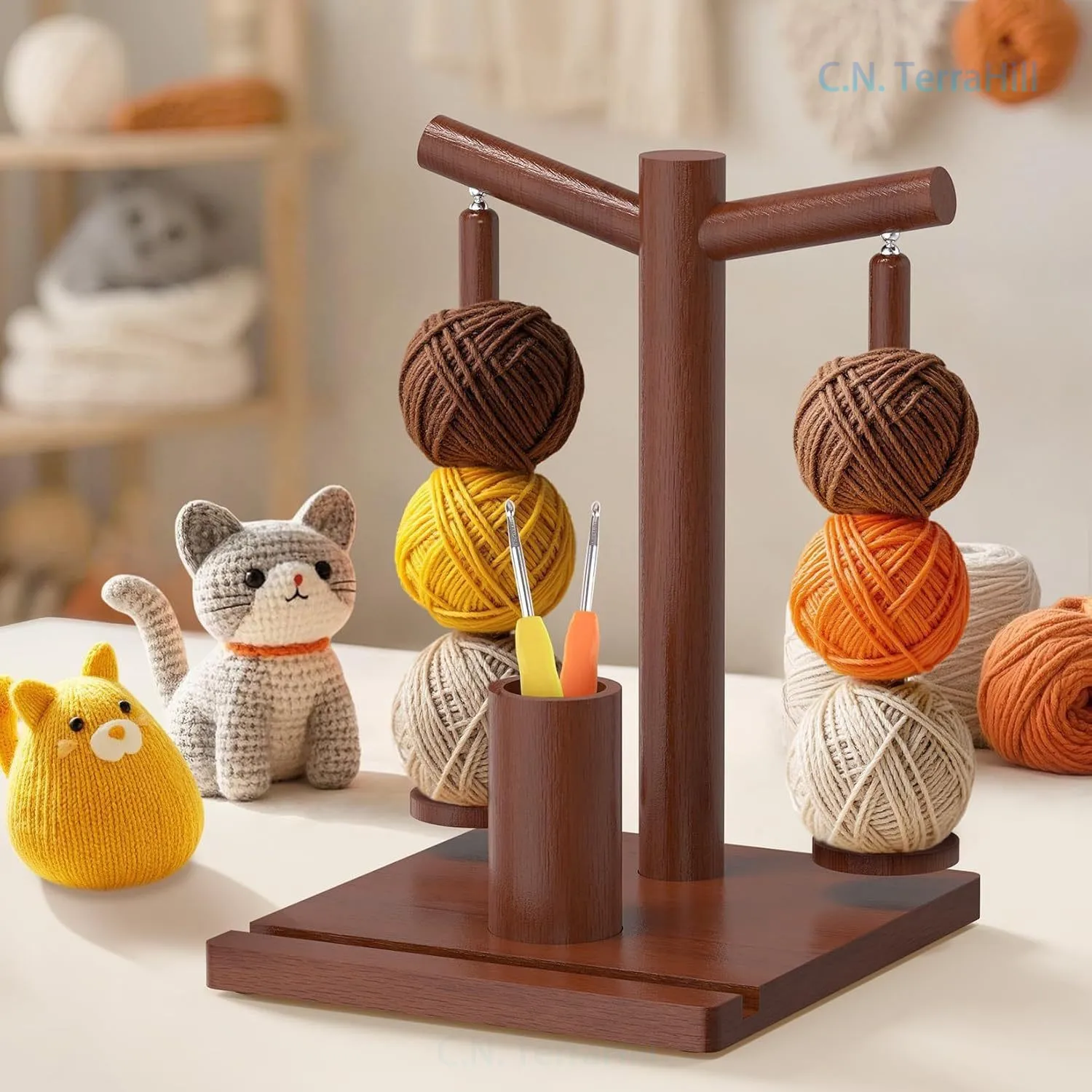 Wooden Rotating Yarn Holder Yarn Thread Spool Stand for Knitting Storage Desktop Manual Weaving Rack