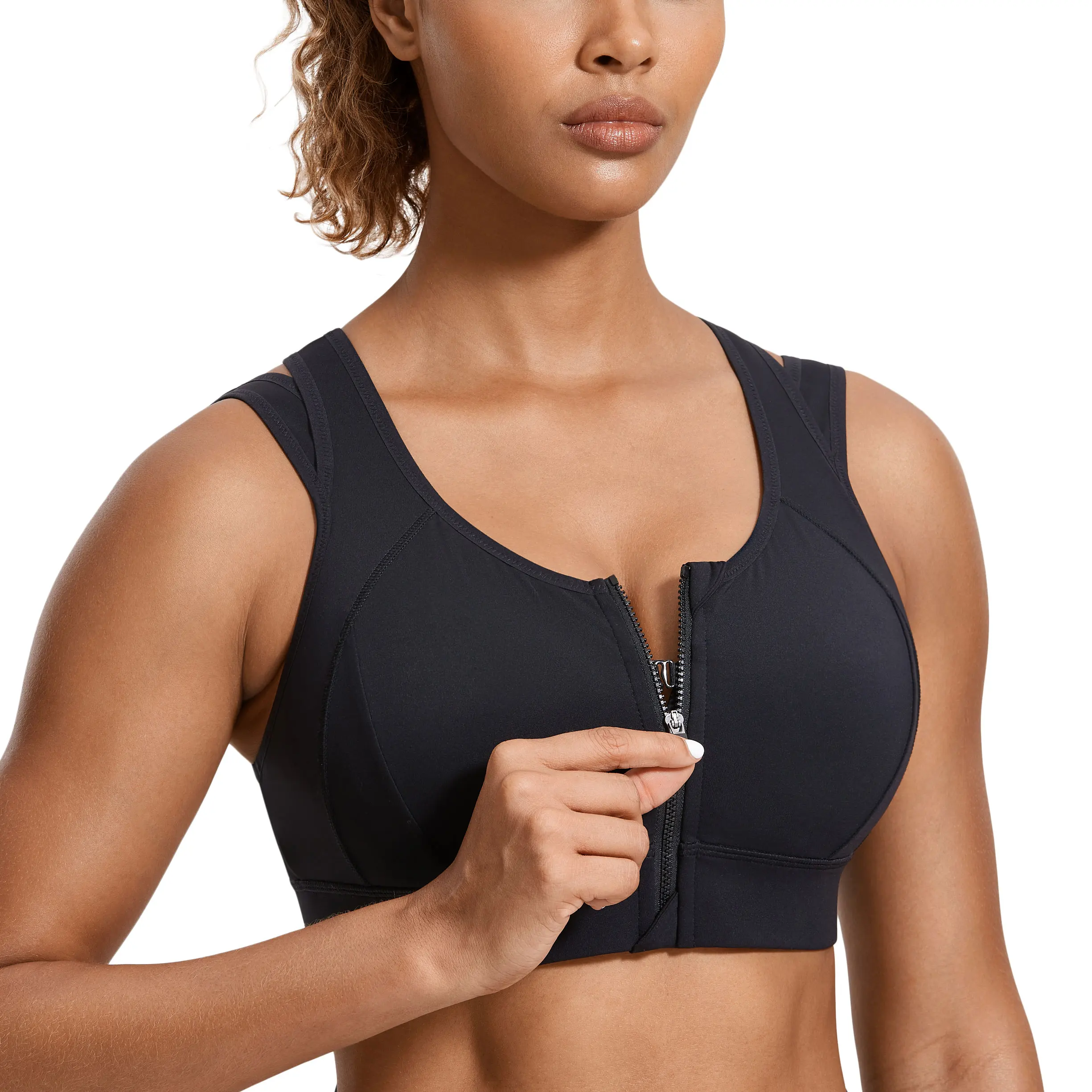 SYROKAN  Front Zipper Sports Bras for Women High Support Double Mesh Racerback Padded Wireless Breathable Bra Workout Fitness