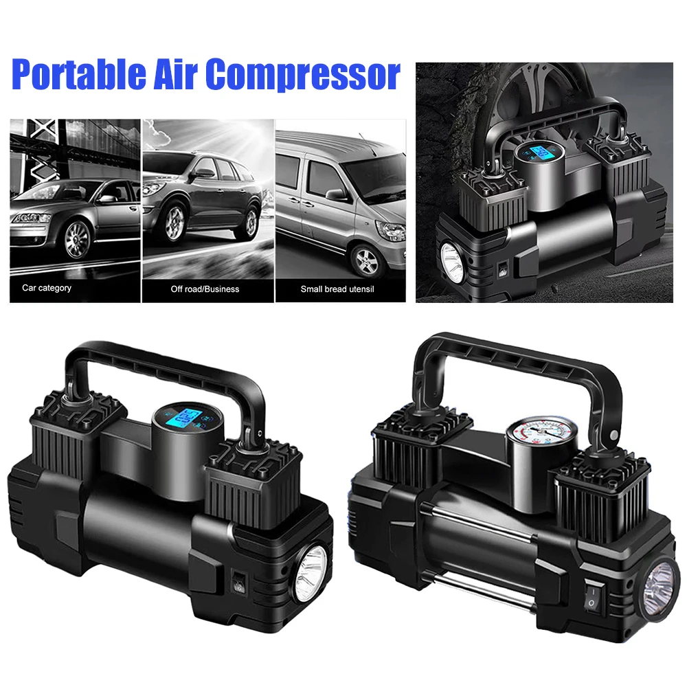 

12V 150PSI Heavy Duty Metal Cylinder Dual Airway Electric Tire Inflator Push-to-connect Nozzle Portable Air Compressor LED Light