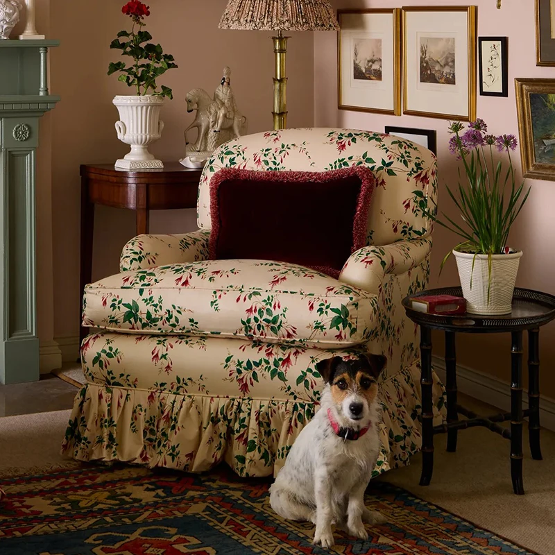 French Vintage Solid Wood Single Chair Living Room Printed Single Sofa American Home