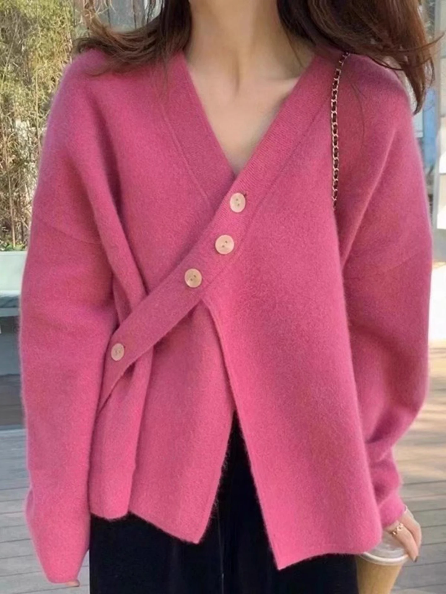 

Women's Loose Knitted Sweater Coat V-Ne Asymmetrical Button Design Winter New Sle Soft Comfortable Long Sve Top