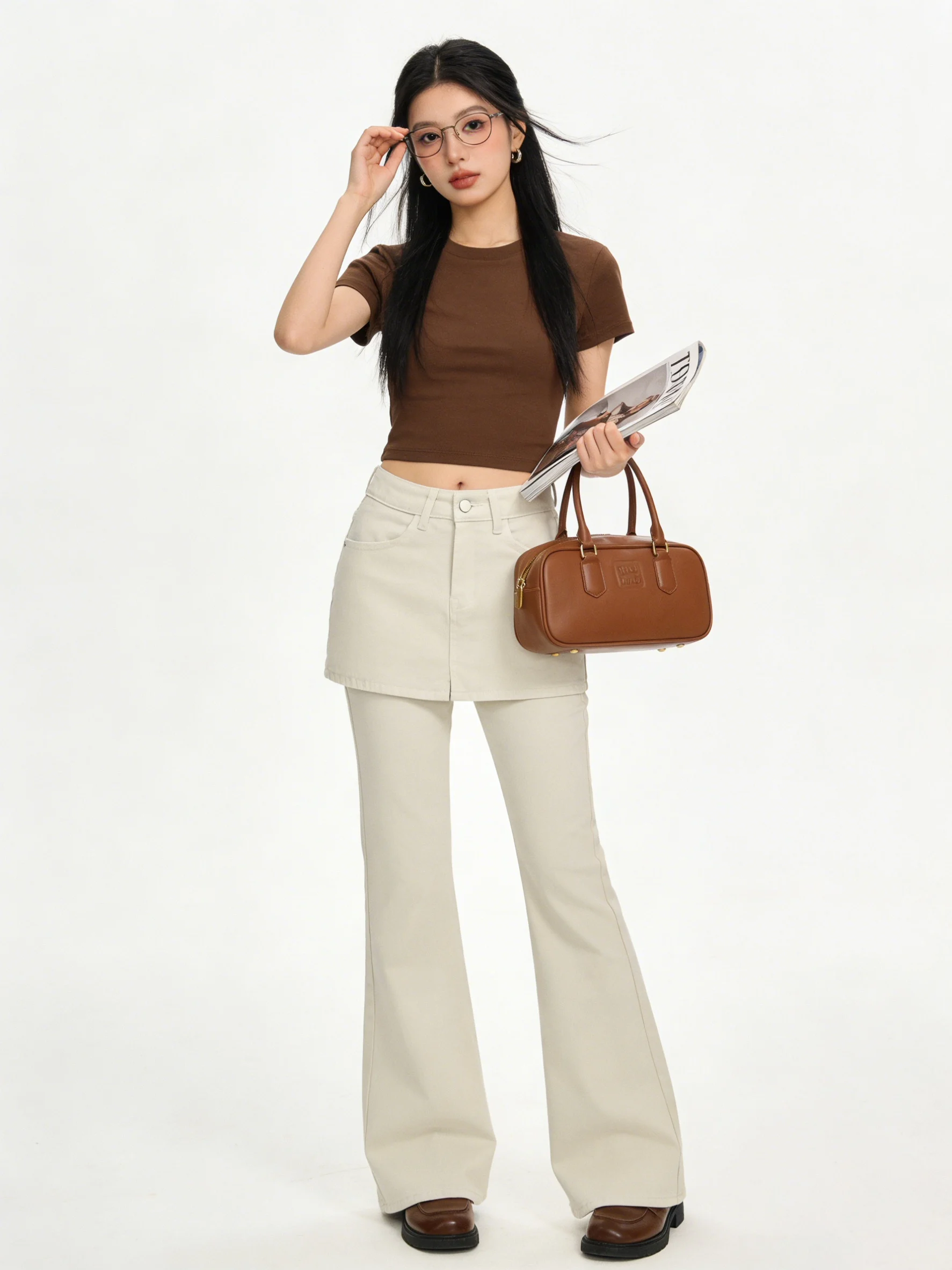American Retro High Waist Bell Bottom Jeans Women's Fake Two-Piece Design Slimming Long Pants Spring Summer Denim Skinnies