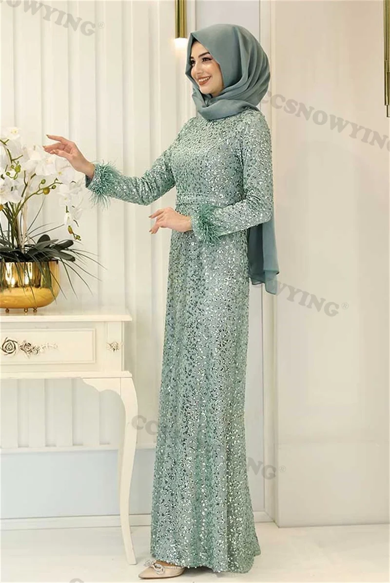 Robes de soirée musulmanes à manches longues pour femmes, col haut, hijab islamique, robe de soirée formelle, robes de soirée kly à paillettes, tout arabe, Dubaï