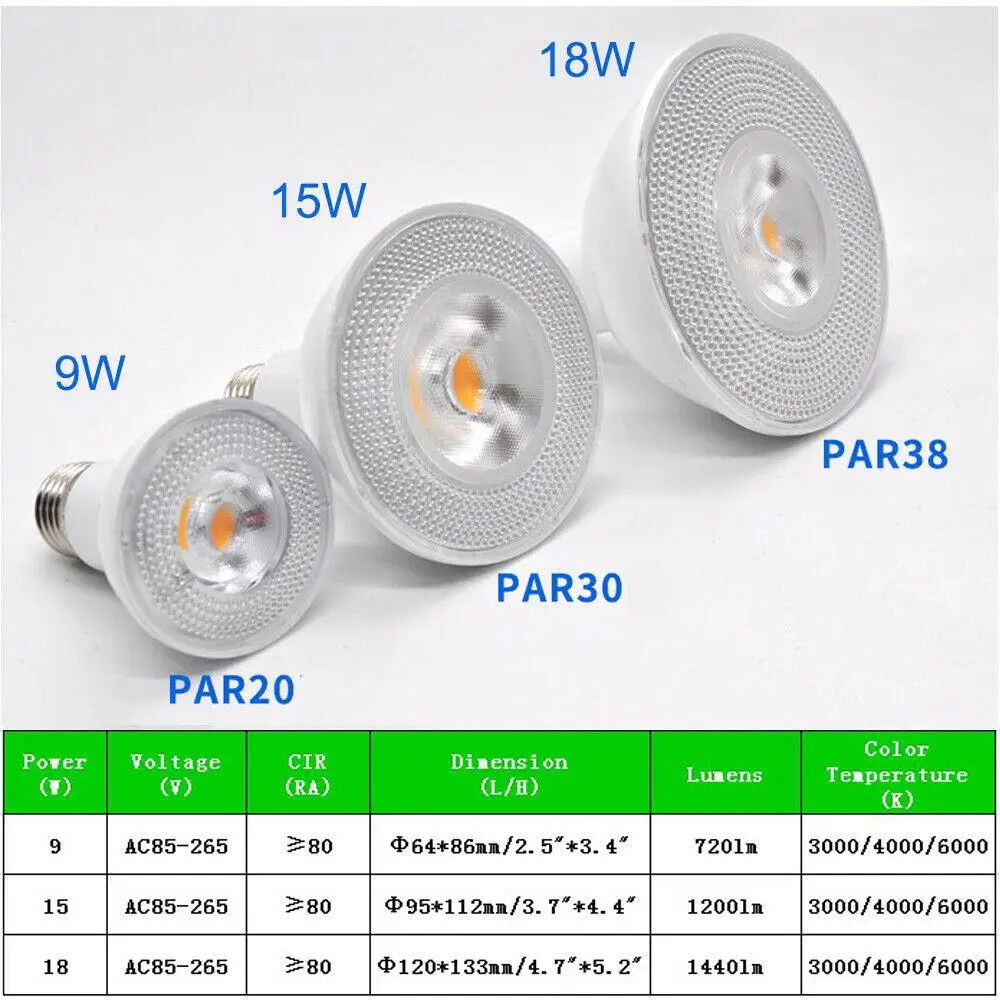 9W/15W/18W AC85-265V E27 LED PAR20 PAR30 PAR38 Bulb Not Dimmed