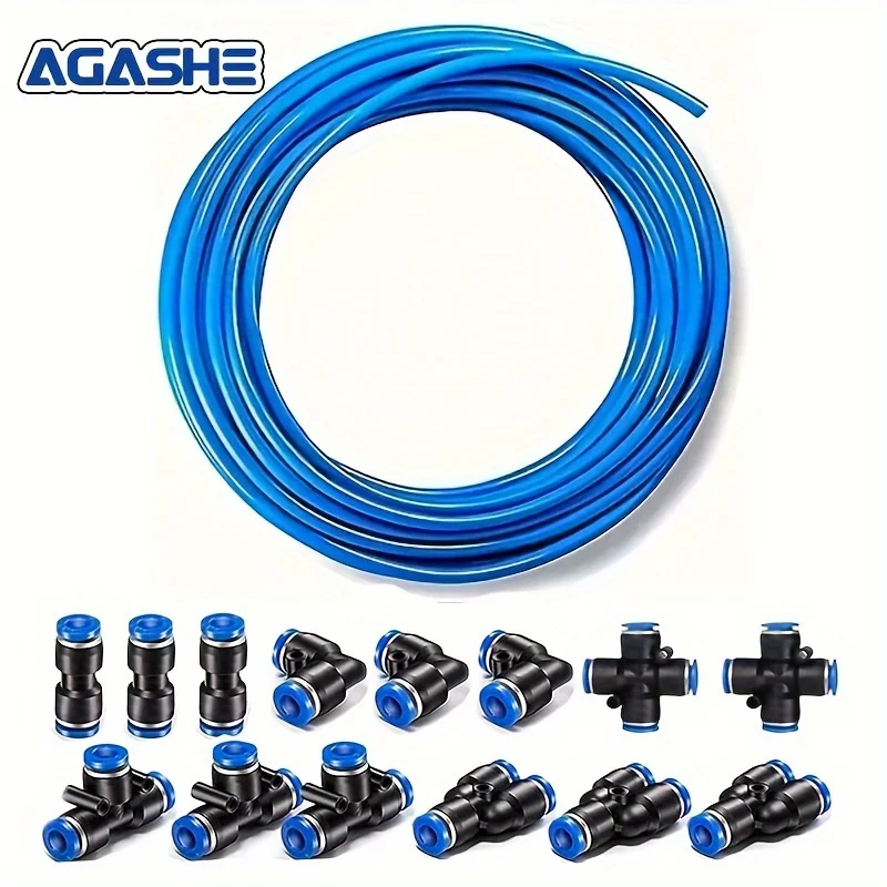 AGASHE 15Pcs Air Hose Fittings Set、 Pneumatic Air Line Connector，50 Feet/16 Beige Blue Pneumatic Pipeline PU Air Hose Tube Kit，F