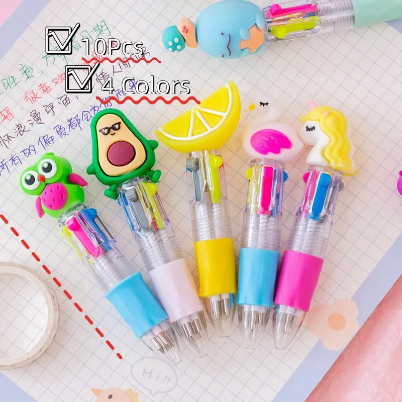 10Pcs/Lot Kawaii Cartoon 4 Colors Mini Ballpoint Pen Retractable Multicolor Pens Cute School Stationery Office Supplies Gifts