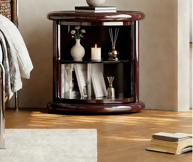 AA  High-gloss Paint Rotating Bedside Table Round Rack 2026 New Bedroom Household Storage Cabinet Style
