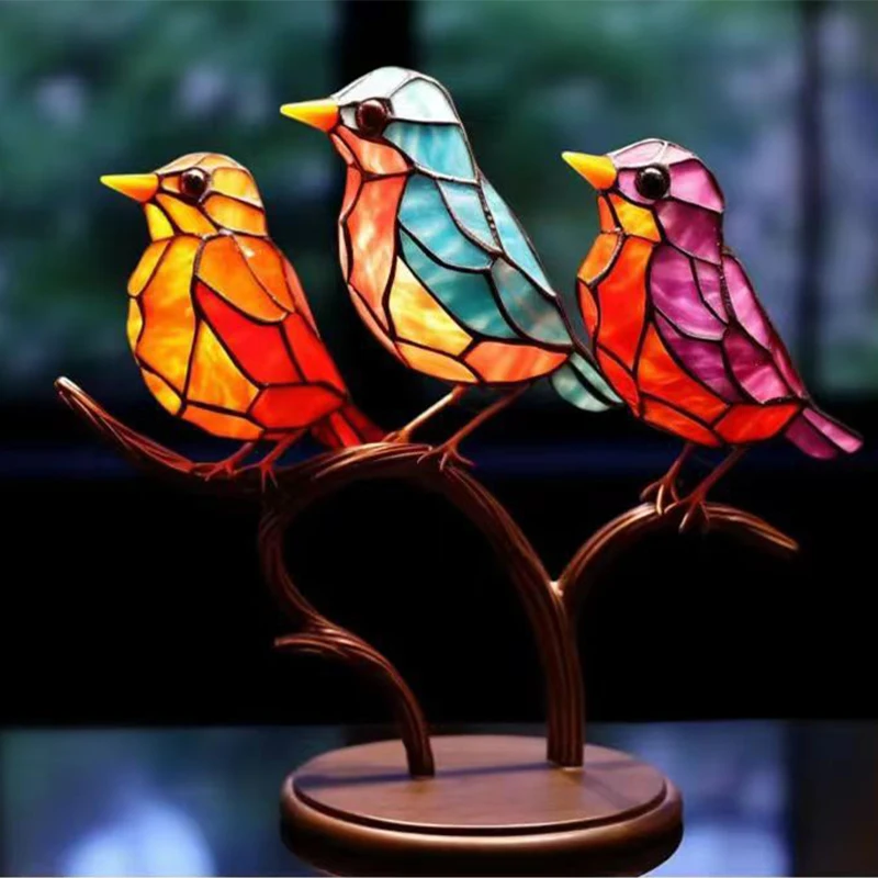 Metal Bird Statues Stained Glass Birds on Branch Desktop Ornaments Double Sided Colorful Humming Birds Decoration Desk Decor